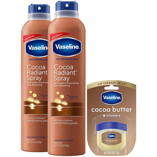 Vaseline Cocoa Radiant Spray Body Lotion 2-Pack + Mini Lip Therapy for Soft, Glowing Skin & Lips
