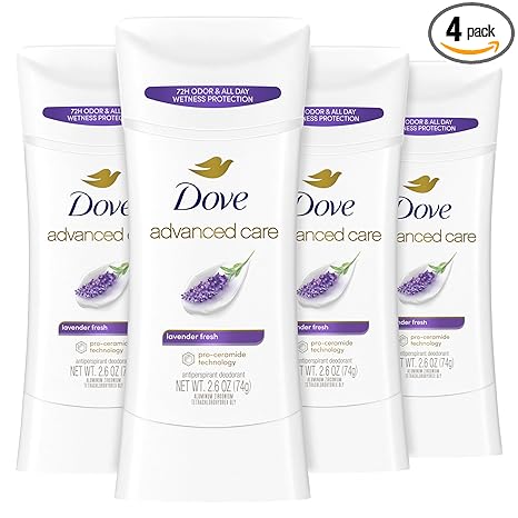Dove Advanced Care Antiperspirant Deodorant Stick Lavender Fresh 4 ct for helping your skin barrier repair72 hr odor control and sweat protection for soft underarms with boosted ceramide levels 2.6 oz