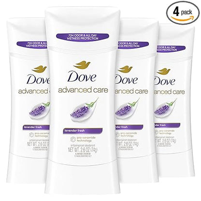 Dove Advanced Care Antiperspirant Deodorant Stick Lavender Fresh 4 ct for helping your skin barrier repair72 hr odor control and sweat protection for soft underarms with boosted ceramide levels 2.6 oz