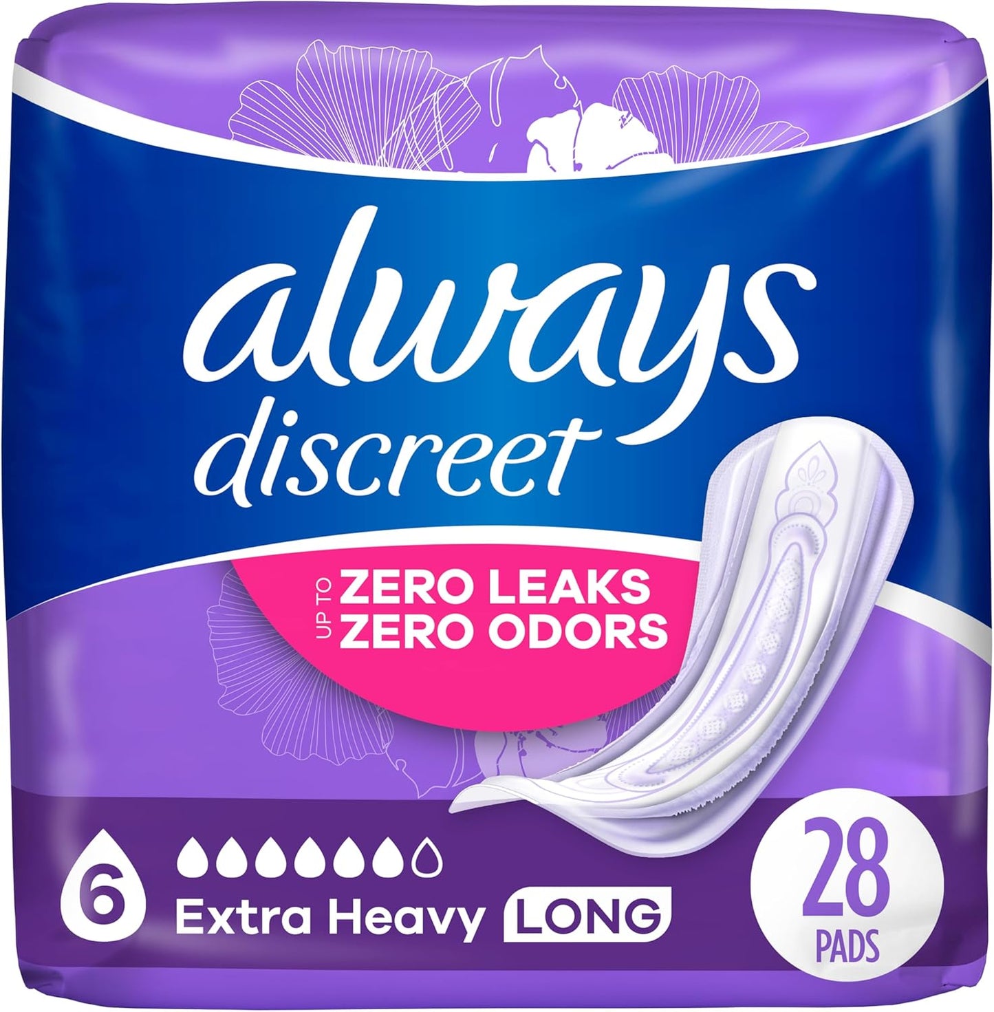 Always Discreet Adult Incontinence Pads for Women, Ultimate Absorbency, Long Length, Postpartum Pads, Up to 100% Bladder Leak Protection, 28 Count