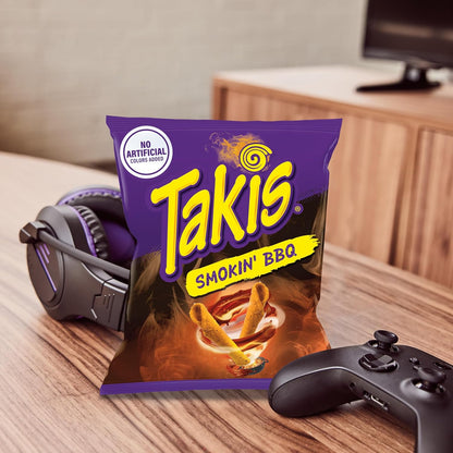 Takis Smokin' BBQ 3.25 oz Snack Size Bag, Barbecue Baby Back Ribs Flavored Mild Tangy Rolled Tortilla Chips (Pack of 4)