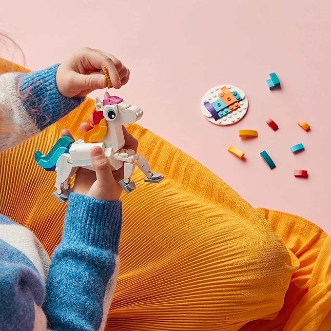 LEGO Creator 3 in 1 Magical Unicorn Toy, Transforms to Seahorse to Peacock, Rainbow Animal Figures, Unicorn Gift for Grandchildren, Girls and Boys, Buildable Toys, 31140