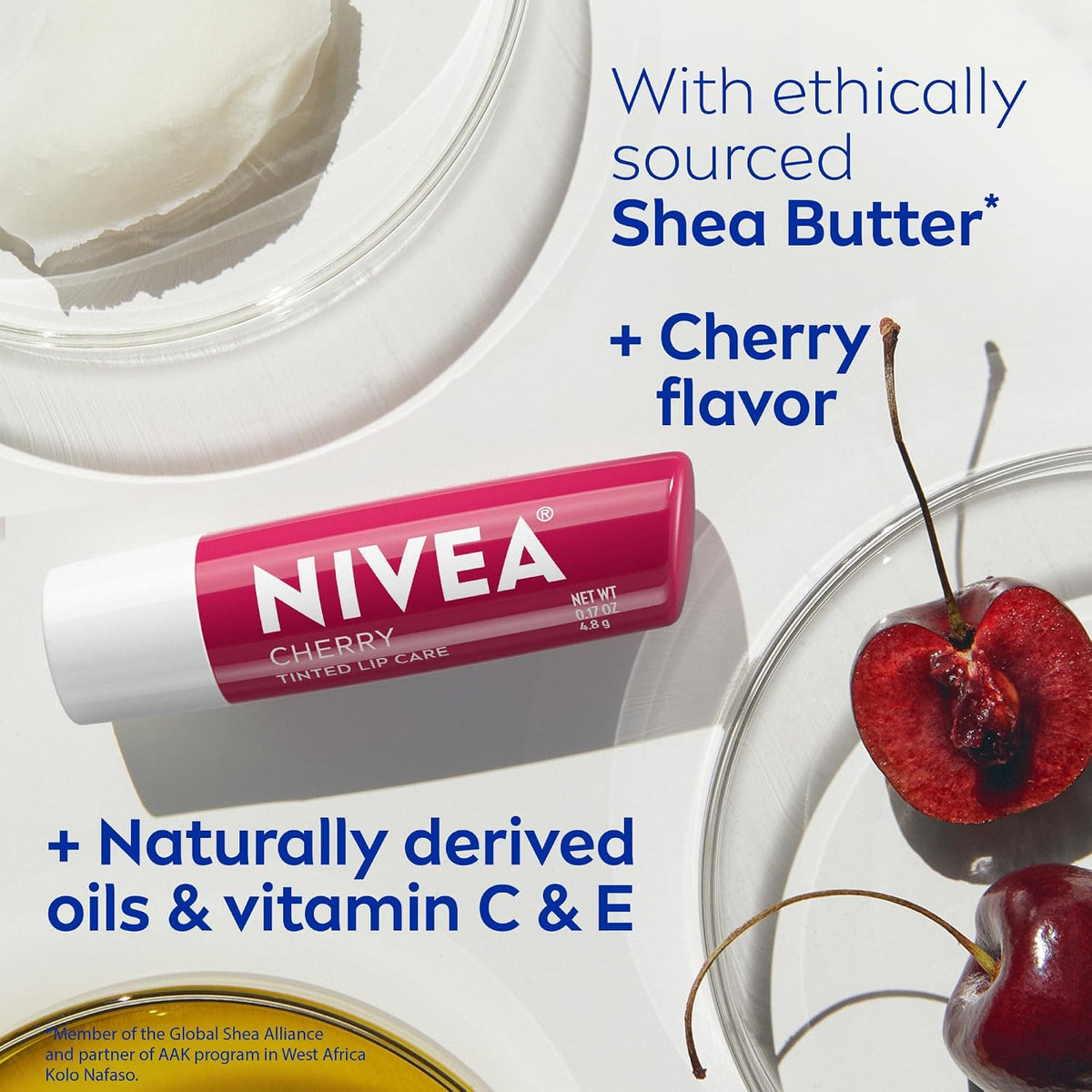 NIVEA Cherry Lip Care, Tinted Lip Balms with Shea Butter, 4 x 0.17 OZ