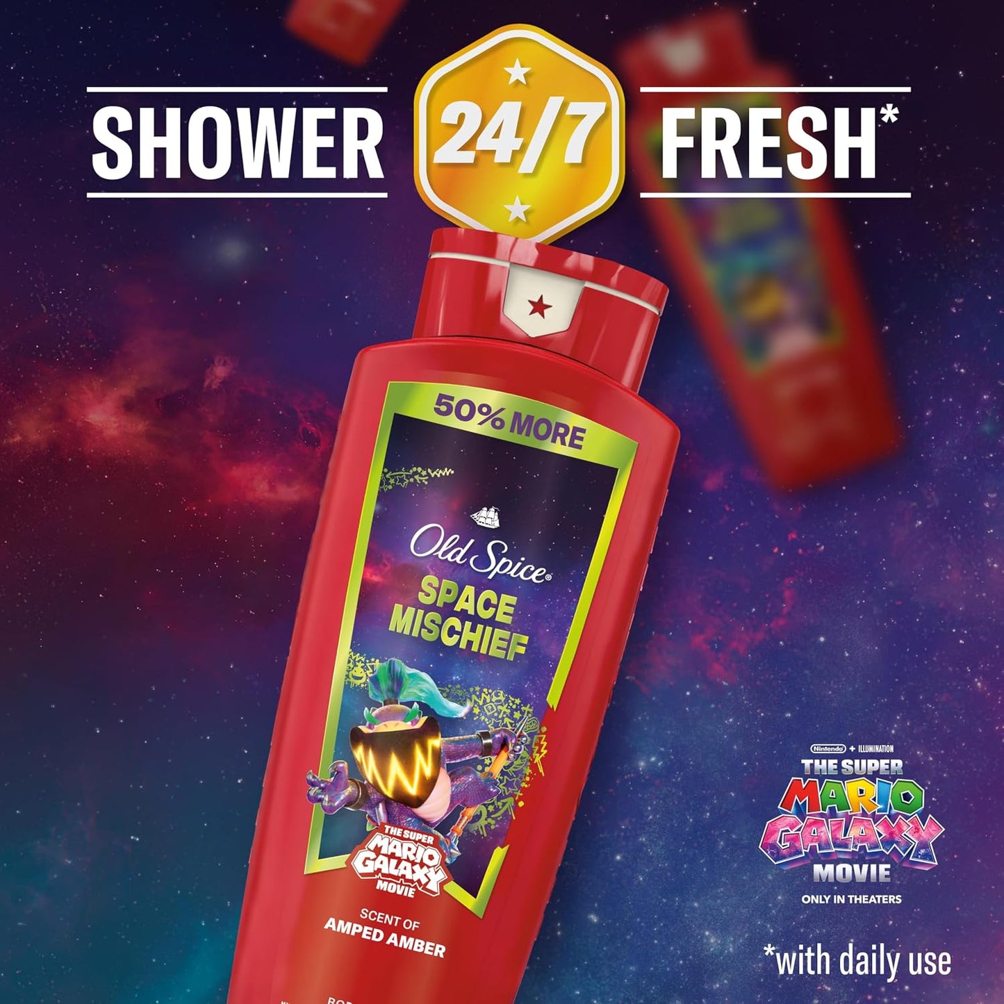 Old Spice X Super Mario, Space Mischief with Armed Amber Scent, Aluminum Free Deodorant + Body & Face Wash Bundle for Men, Smell Super with 24/7 Lasting Freshness & 24/7 Shower Clean (Pack of 2)