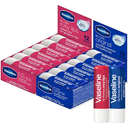 Vaseline Lip Therapy Bulk Lip Balm Rosy Lips & Original 12-Packs, 24 Sticks Total, 0.16 Oz Ea