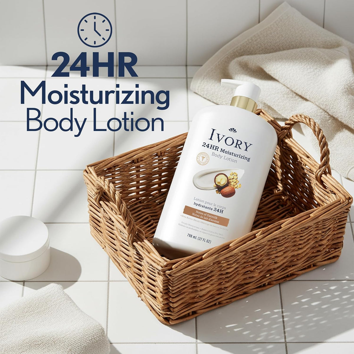 Ivory Hand & Body Lotion, 24hr Moisturizing, Repairs Extra Dry Skin, All Day Hydration, Lightweight Formula, Absorbs Instantly, Perfect for Daily Use, Shea Butter Blend, Oatmilk Scent, 27 fl oz
