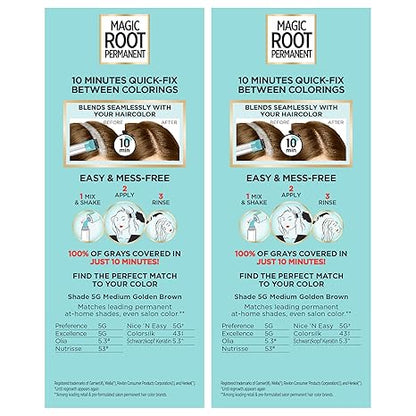 L'Oreal Paris Magic Root Permanent Hair Color Kit, 100% Gray Hair Coverage In Just 10 Minutes, Precision Brush Applicator for Seamless Application, 5G Medium Golden Brown (2 Count)