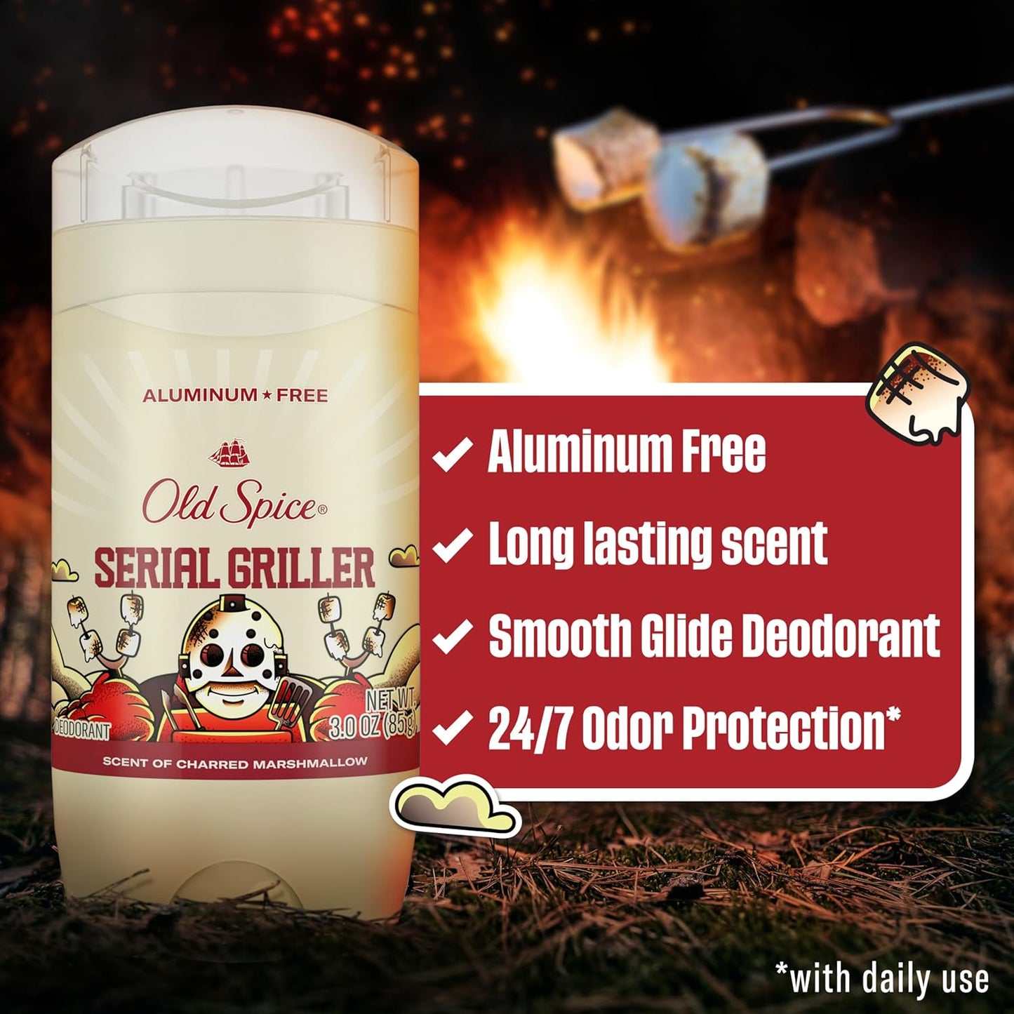 Old Spice Aluminum Free Deodorant for Men, Summerdudes, 24/7 Odor Protection w/Daily Use, 24/7 Sunny Freshness & Long Lasting Scent, Smooth Glide, Serial Griller with Charred Marshmallow Scent, 3.0 oz