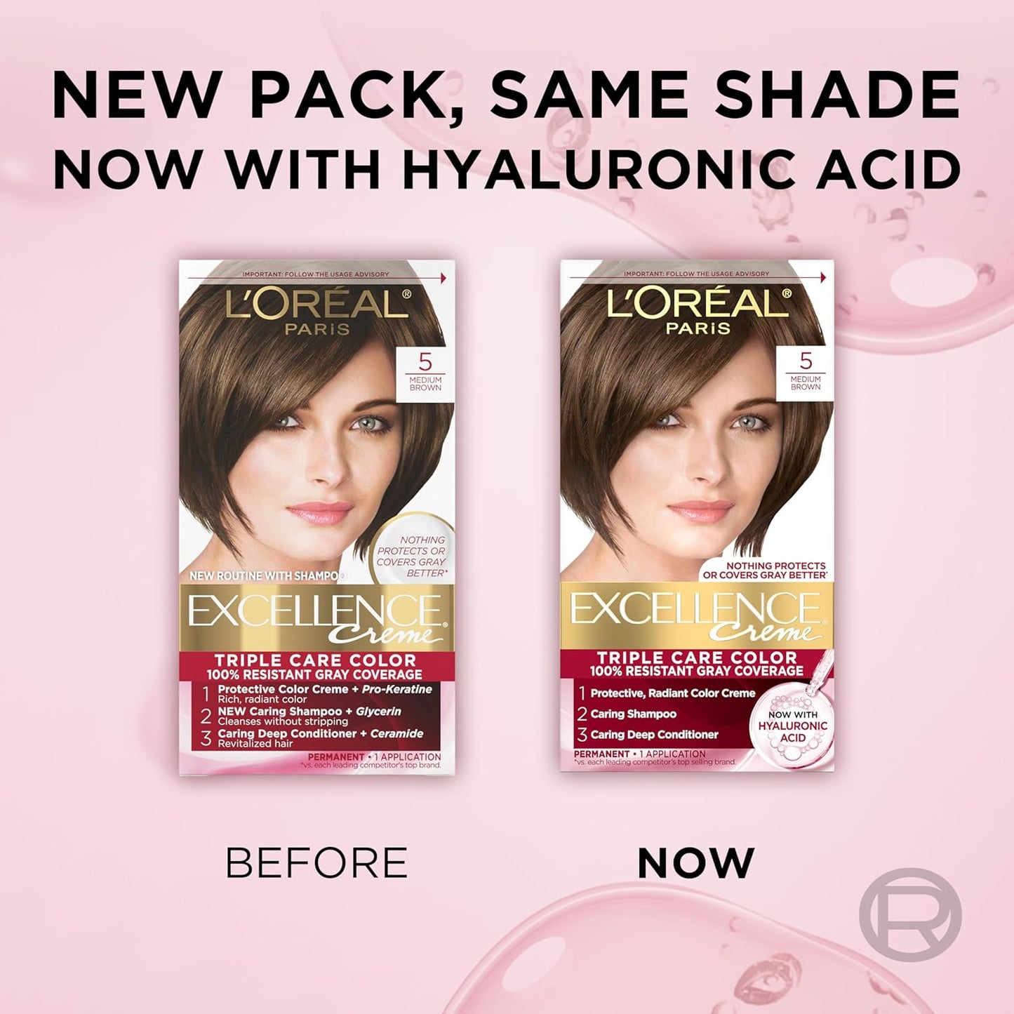 L'Oreal Paris Excellence Crème Permanent Hair Dye, Triple Care Hair Color with Hyaluronic Acid for 100% Gray Coverage, 5 Medium Brown, 1 Kit (Packaging May Vary)