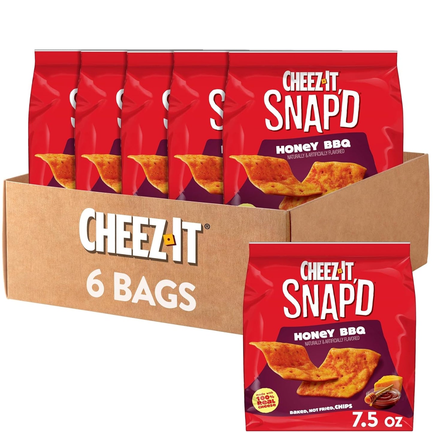 Cheez-It Snap'd Cheesy Baked Chips, Thin Crisps, Lunch Snacks, Honey BBQ (6 Bags)