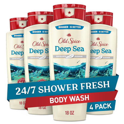 Old Spice Cleansing Body Wash for Men, 24/7 Shower Fresh with Lasting Scent, Exfoliate & Cleanse, Gentle on Skin, Vitamin B3, Deep Sea with Ocean Waves + Kelp Scent, 18 oz (Pack of 4)