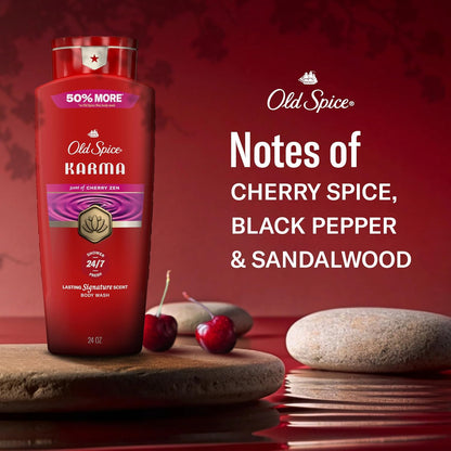Old Spice Body Wash for Men, 24/7 Shower Fresh & Clean w/Daily Use, Lasting Signature Scent, Refreshing Lather, Moisturizing Formula, Karma with Cherry Spice, Black Pepper, & Sandalwood Scent, 24 oz