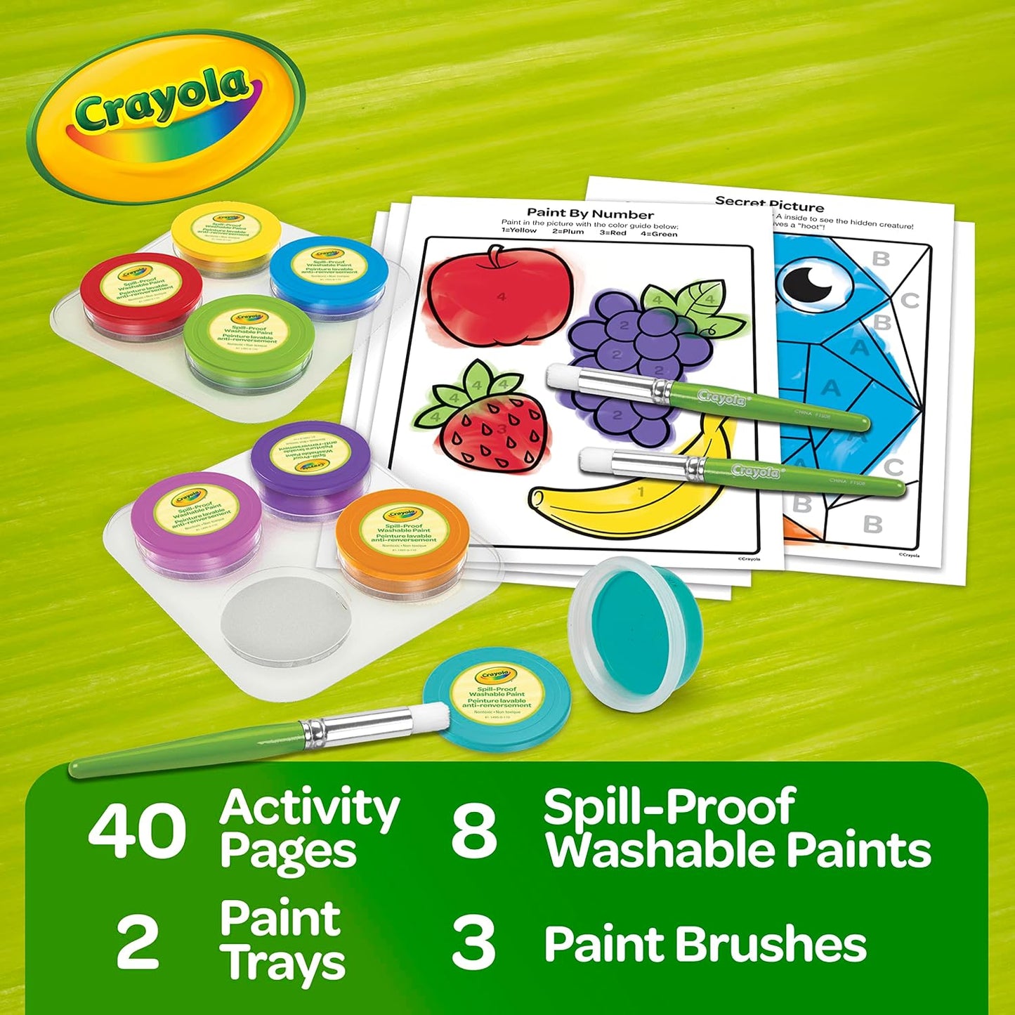 Crayola Spill Proof Paint Set (8ct), Washable Toddler Paint Kit, with Brushes, Pots, Activity Pages, Arts & Crafts Kit, Gift for Toddlers, Ages 3+ (Pack of 2)