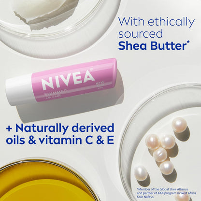 NIVEA Shimmer Lip Care, Shimmery Lip Balm Pack with Shea Butter, Nourishing Oils and Vitamin C & E, 3-in-1 Moisture, Repair and Shimmer, 0.17 Oz Stick (Pack of 48)