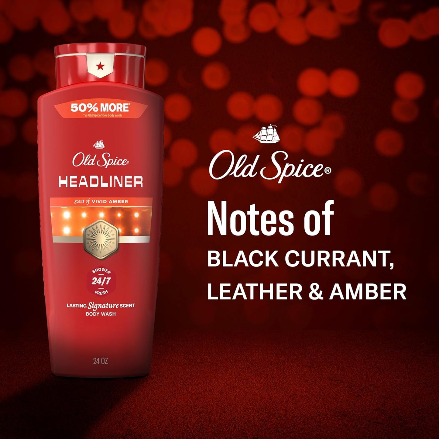 Old Spice Body Wash for Men, 24/7 Shower Fresh & Clean with Daily Use, Lasting Signature Scent, Refreshing Lather, Moisturizing Formula, Headliner with Black Currant, Leather, & Amber Scent, 24 oz
