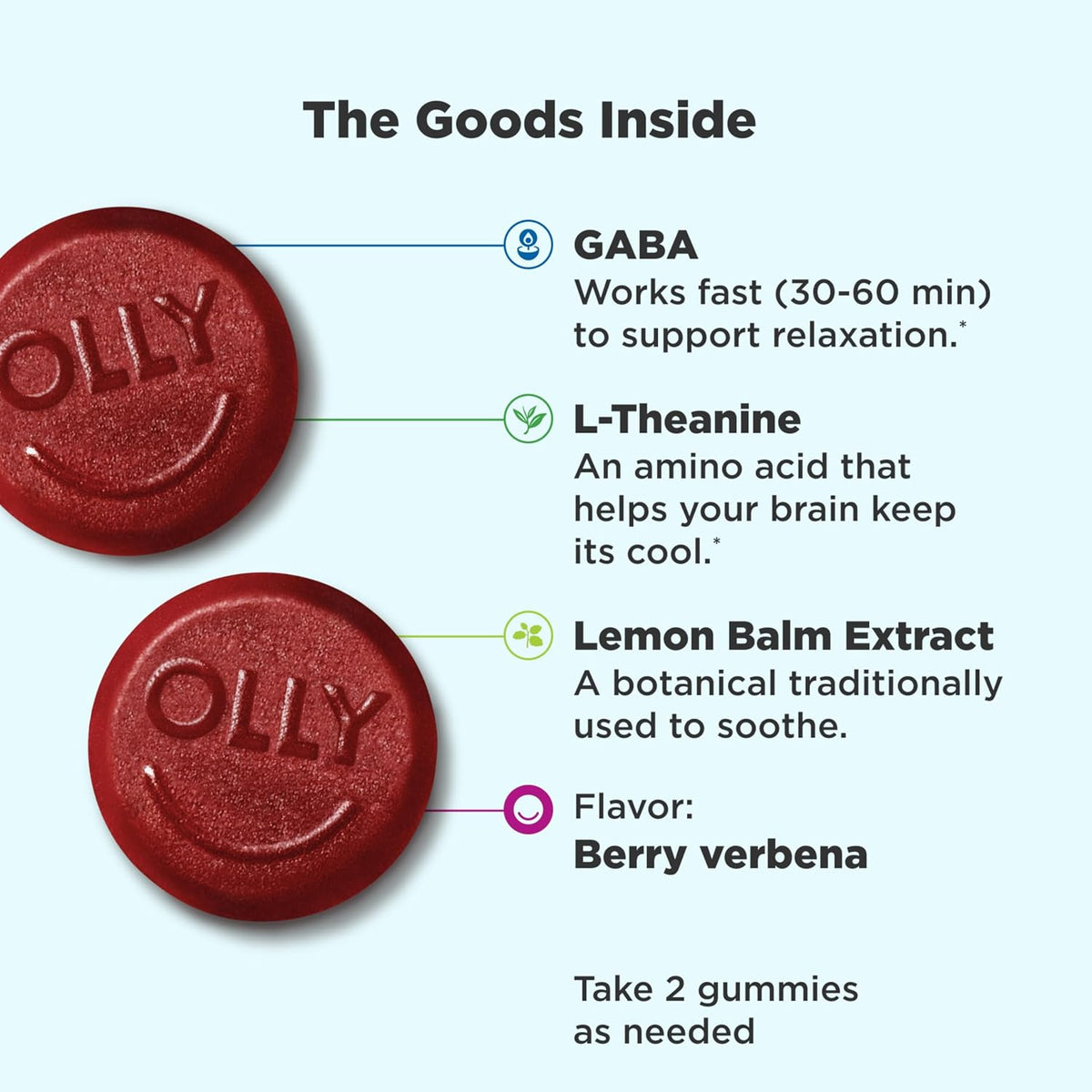 OLLY Goodbye Stress Gummy,GABA,L-Theanine,Lemon Balm,Stress Relief Supplement,Berry -,74 Count (Pack of 2)