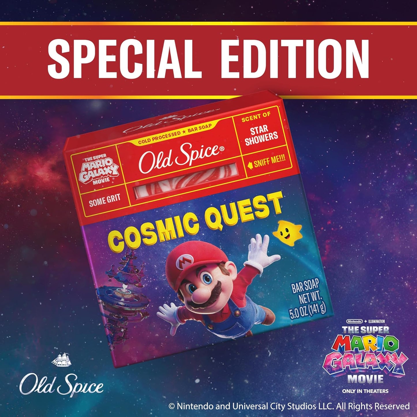 Old Spice Bar Soap for Men, x The Super Mario Galaxy Movie, Cold Pressed with Grit, Made with Natural Oils & Plant Based Cleanser, Star Showers with Juicy Pear & Cedarwood Scent, 5.0 oz