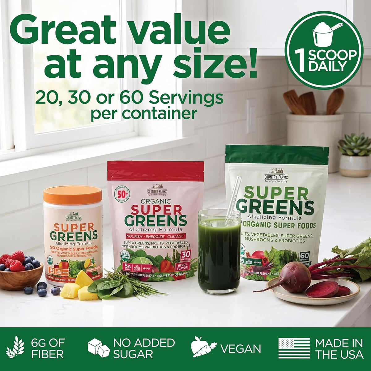 Country Farms Super Greens Natural Flavor, 50 Organic Super Foods, USDA Organic Drink Mix, Fruits, Vegetables, Super Greens, with Fiber, Mushrooms & Probiotics, Supports Energy, 60 Servings, 900g