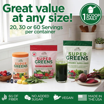 Country Farms Super Greens Natural Flavor, 50 Organic Super Foods, USDA Organic Drink Mix, Fruits, Vegetables, Super Greens, Mushrooms & Probiotics, Supports Energy, 20 Servings, 10.6 Oz