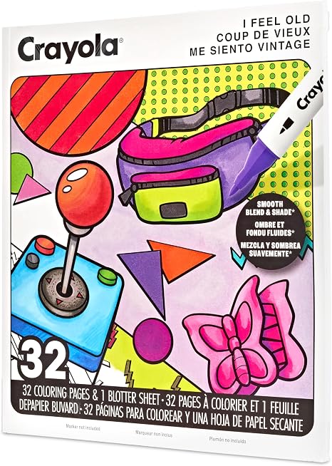 Crayola I Feel Old Adult Coloring Book, 32pg Nostalgic 90s & 00s Designs, Alcohol Marker Friendly Paper, Mindful ScreenFree Activity for Adults, Millenial Gifts