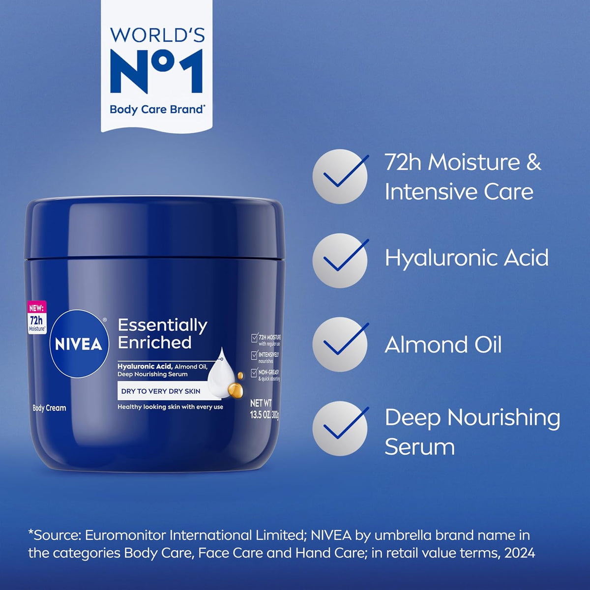 NIVEA Essentially Enriched Body Cream with Hyaluronic Acid, 13.5 Ounce (Pack of 12)