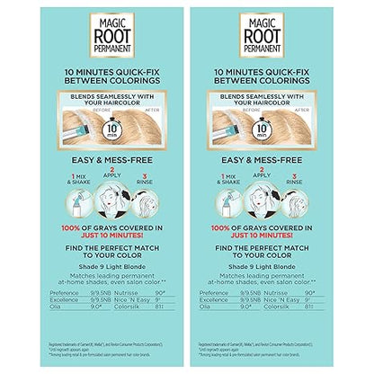 L'Oreal Paris Magic Root Permanent Hair Color Kit, 100% Gray Hair Coverage In Just 10 Minutes, Precision Brush Applicator for Seamless Application, 9 Light Blonde (2 Count)