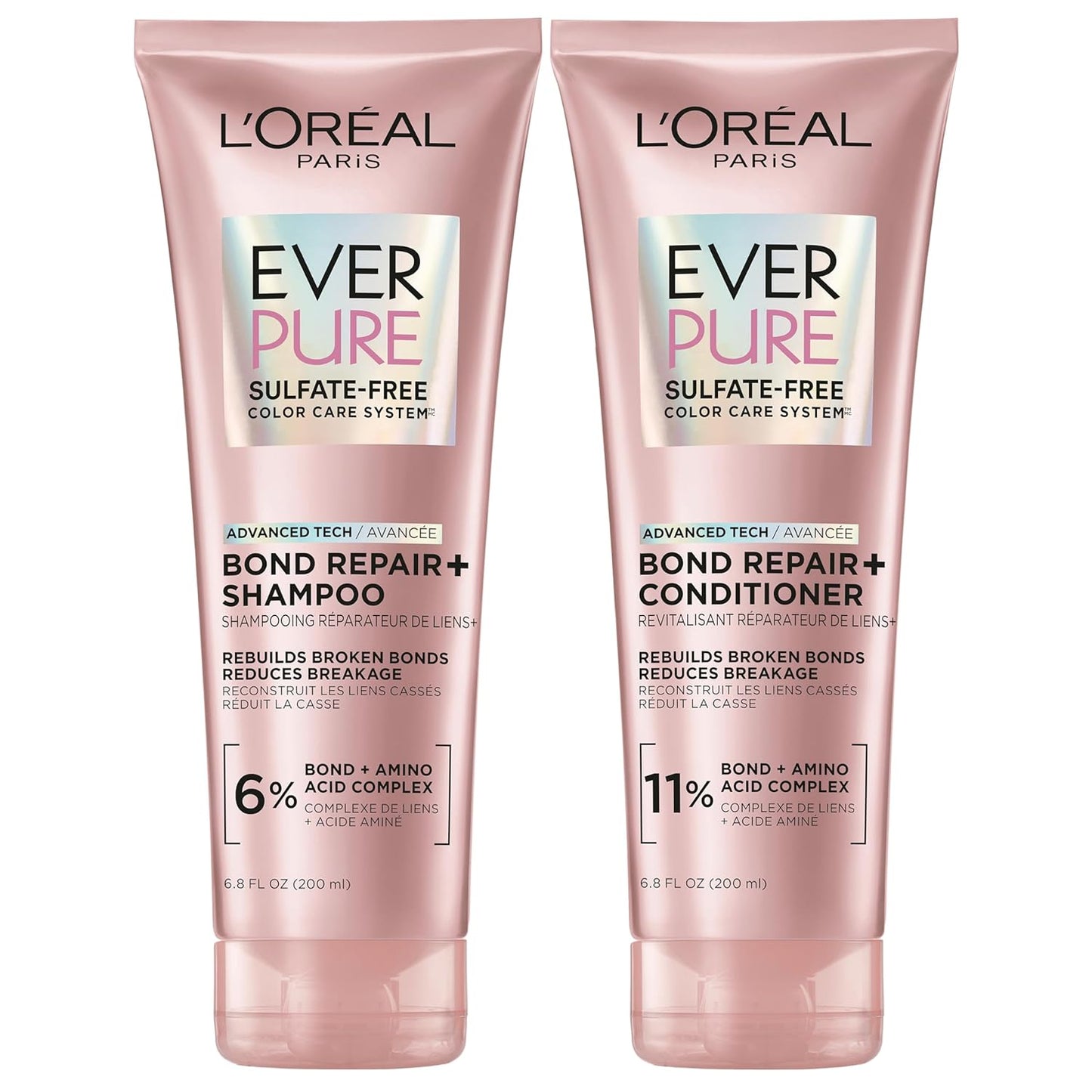 L'Oreal Paris Sulfate Free Bond Repair+ Shampoo and Conditioner Set with Bond + Amino Acid Complex, Strengthens and Repairs Damaged or Color Treated Hair, EverPure, 13.6 Fl Oz Set (Packaging May Vary)