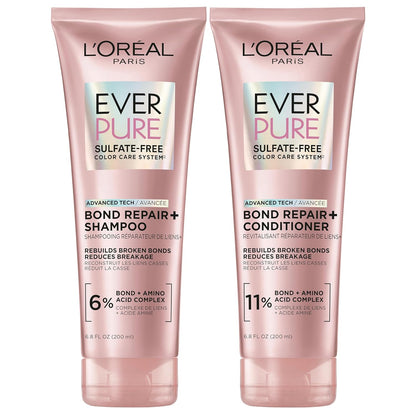 L'Oreal Paris Sulfate Free Bond Repair+ Shampoo and Conditioner Set with Bond + Amino Acid Complex, Strengthens and Repairs Damaged or Color Treated Hair, EverPure, 13.6 Fl Oz Set (Packaging May Vary)