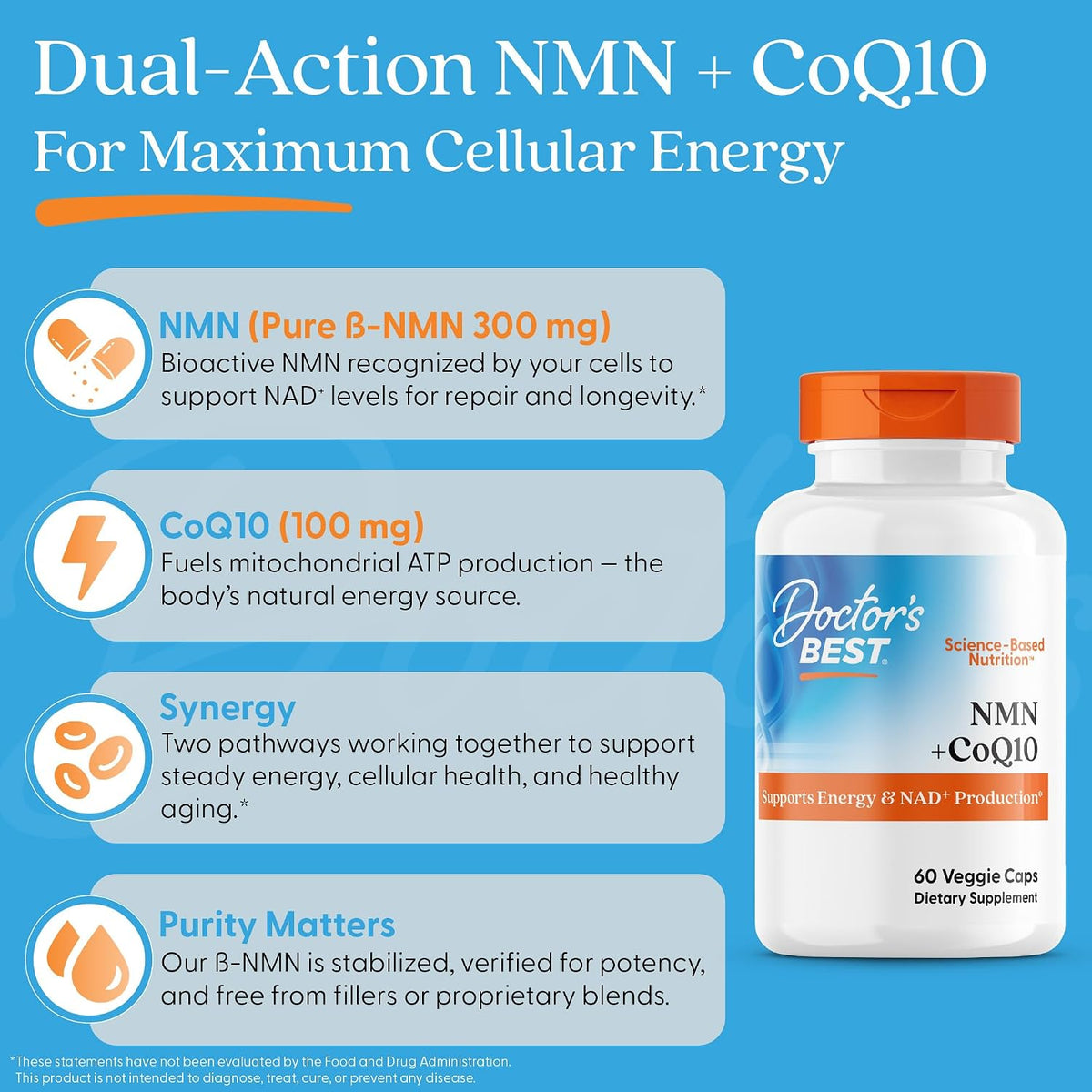Doctor's Best NMN + CoQ10 Supplement, for Women & Men, Vegan, 60 Veg Caps