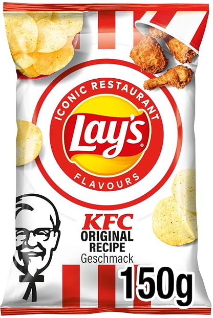 Lays KFC Original Recipe Potato Chips with Chicken Flavour, Crispy Natural Potato Chips with Savory Fried Chicken Seasoning, Imported European Lay’s Gourmet Snack Chips, Crunchy Chicken-Inspired Potato Snack, 150g / 5.29oz