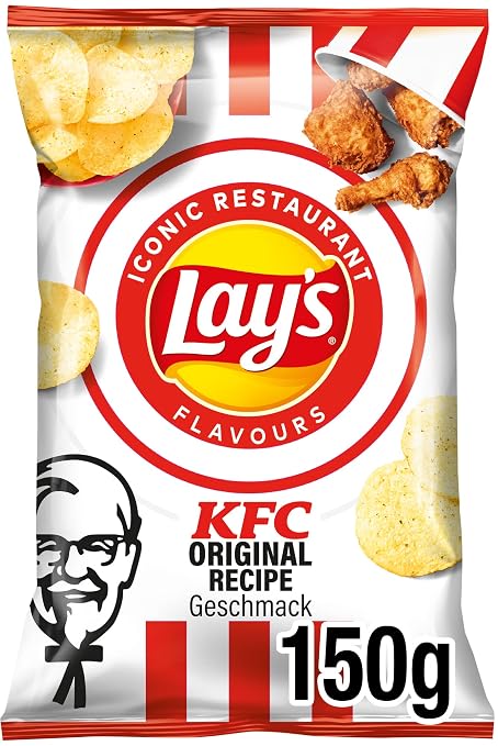 Lays KFC Original Recipe Potato Chips with Chicken Flavour, Crispy Natural Potato Chips with Savory Fried Chicken Seasoning, Imported European Lay’s Gourmet Snack Chips, Crunchy Chicken-Inspired Potato Snack, 150g / 5.29oz