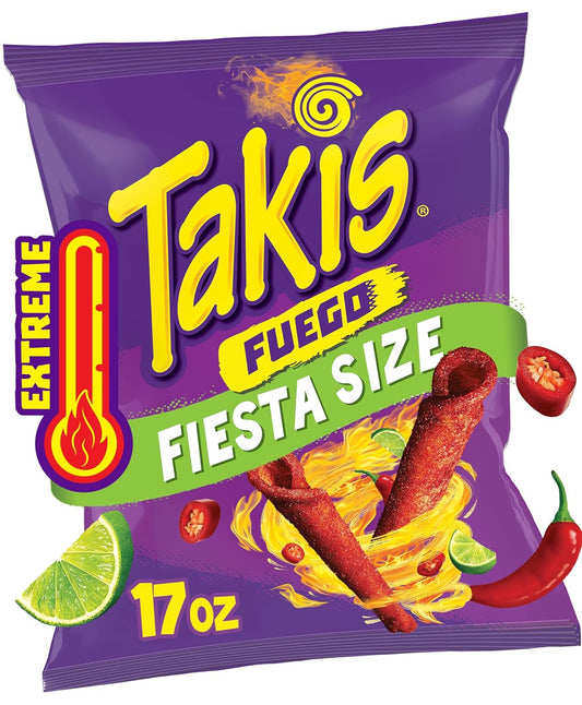 Takis Fuego Rolled Tortilla Chips, 17oz Bag | Extremely Spicy Hot Chili Pepper and Lime Flavor, Corn Snack Chips, Big Party Size for Sharing at Fiestas and Cook-Outs