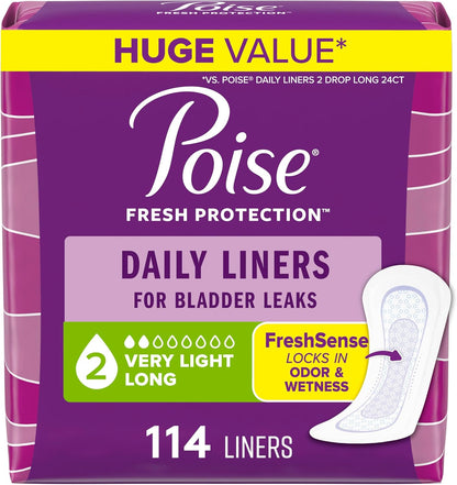 Poise Daily Liners, Incontinence Panty Liners for Bladder Leaks, 2 Drop Very Light Absorbency, Long Length, 114 Count of Pantiliners, Packaging May Vary