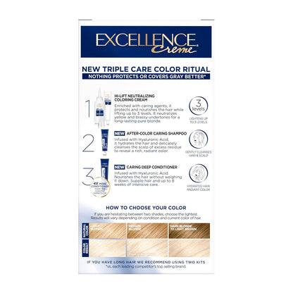 L'Oreal Paris Excellence Crème Permanent Hair Dye, Triple Care Hair Color with Hyaluronic Acid for 100% Gray Coverage, 02 Extra Light Natural Blonde, 1 Kit (Packaging May Vary)