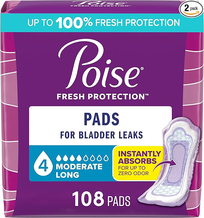 Poise Incontinence & Postpartum Pads for Bladder Leaks, 4 Drop Moderate Absorbency, Long Length, 108 Count, Packaging May Vary