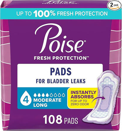 Poise Incontinence & Postpartum Pads for Bladder Leaks, 4 Drop Moderate Absorbency, Long Length, 108 Count, Packaging May Vary