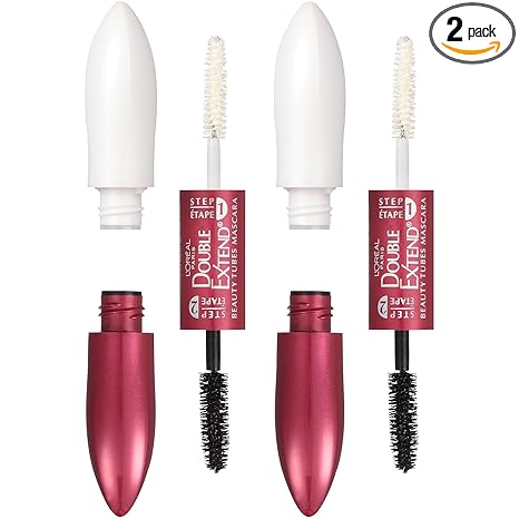 L'Oreal Paris Makeup Double Extend Tubing Mascara, Lengthening 2 Step Mascara, Smudgeproof, Black, Pack of 2