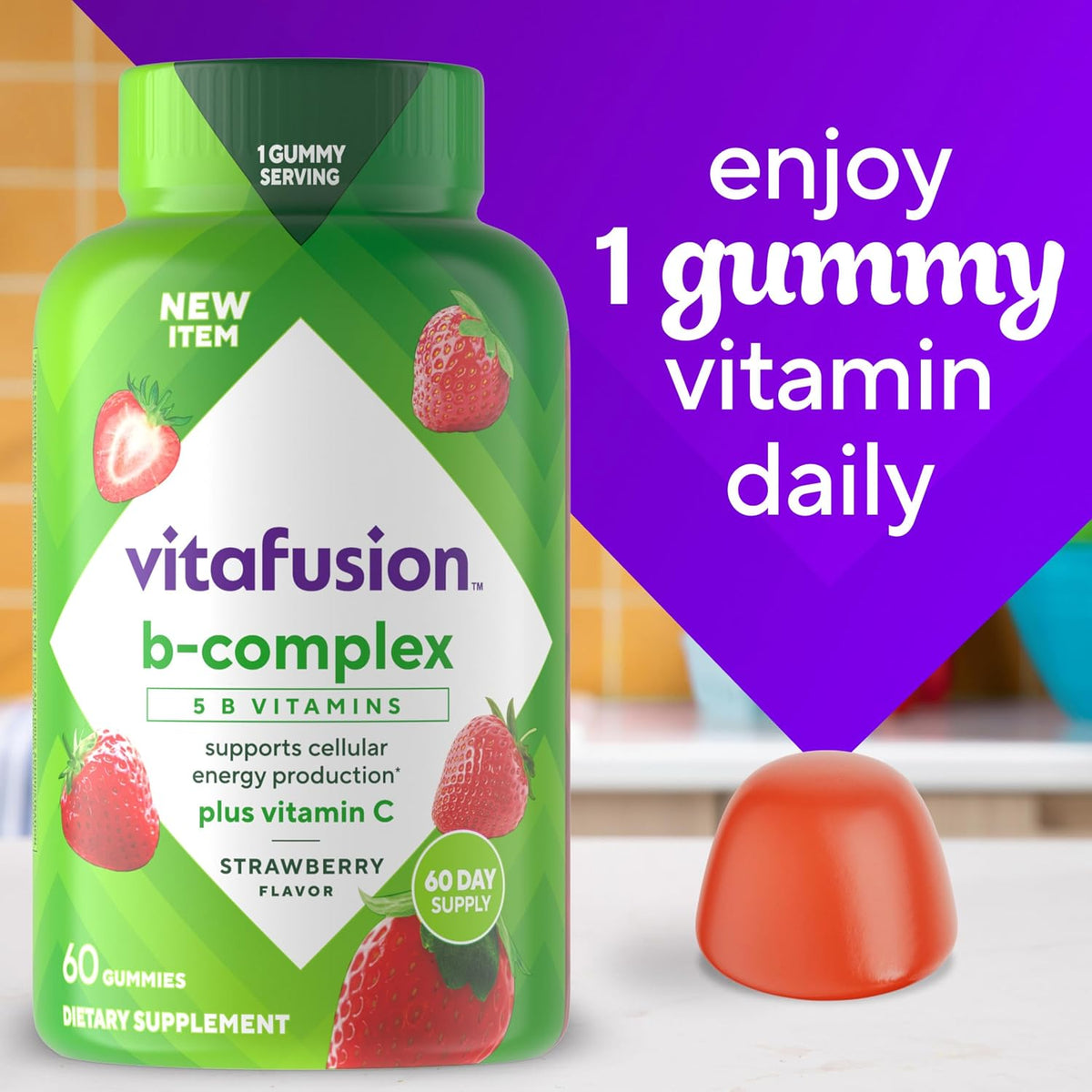 Vitafusion B-Complex Gummy Dietary Supplements, with 5 B Vitamins to Support Cellular Energy Production (1), Plus Vitamin C, Strawberry Flavor, 60 Count (Pack of 2)