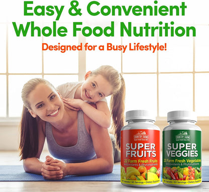 Country Farms Fruits and Vegetables Supplement, 180 Fruit and 180 Veggie Capsules, Greens and Reds Packed with Superfoods, Powerful Antioxidants, 60 Servings