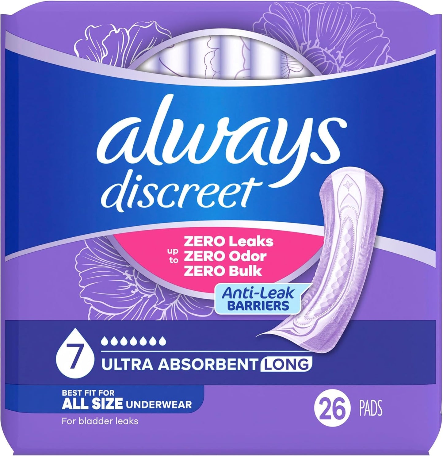 Always Discreet Adult Incontinence Pads for Women, Ultra Absorbency, Long Length, Postpartum Pads, Up to 100% Bladder Leak Protection, 26 Count