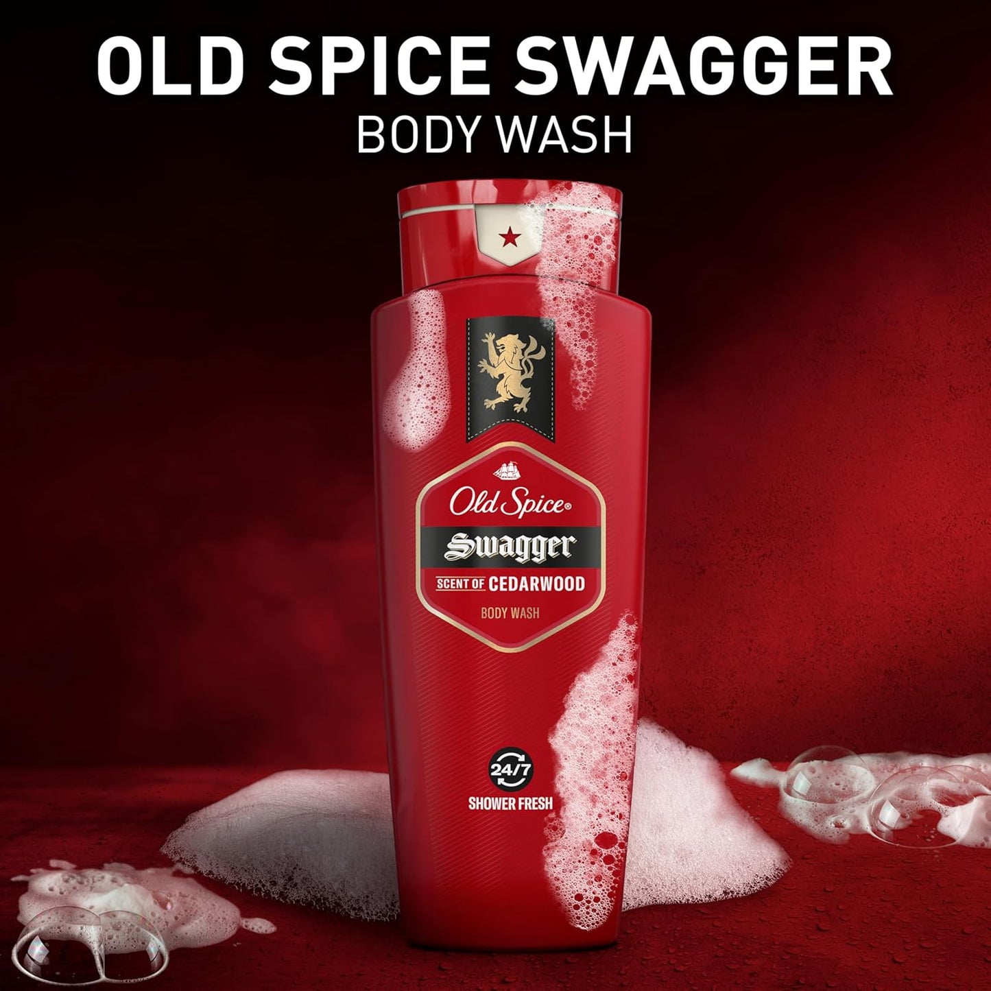 Old Spice Refreshing Body Wash for Men, 3X Defense, 24/7 Shower Fresh with Long Lasting Scent, Red Collection, Swagger with Cedarwood Scent, 24 oz (Pack of 6)