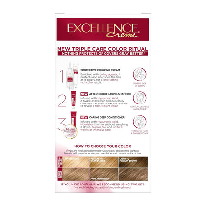 L'Oreal Paris Excellence Crème Permanent Hair Dye, Triple Care Hair Color with Hyaluronic Acid for 100% Gray Coverage, 7 Dark Blonde, 1 Kit (Packaging May Vary)