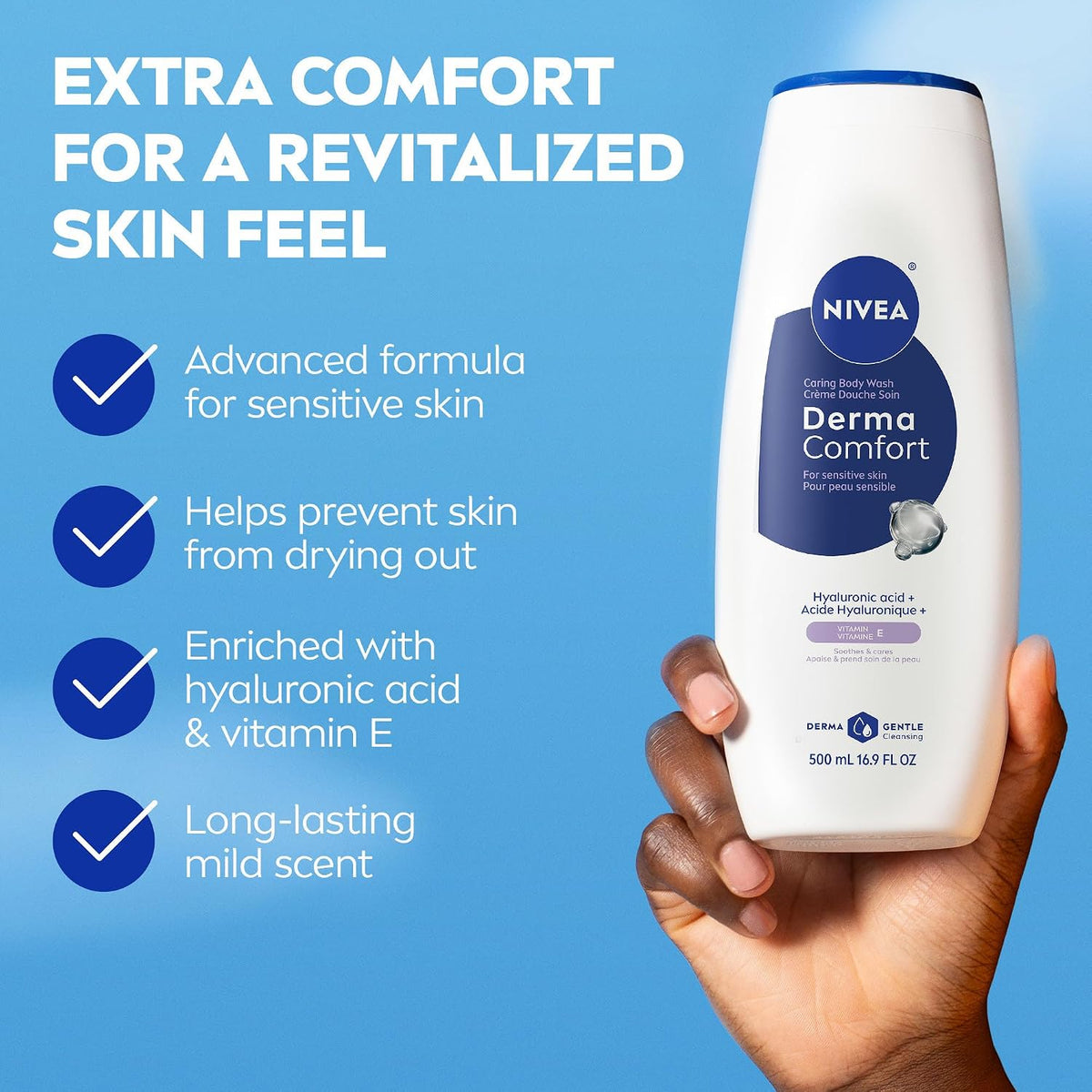 NIVEA Hydrating Body Wash for Sensitive Skin with Hyaluronic Acid and Vitamin E, Mild Fragrance, Dermatologically Tested