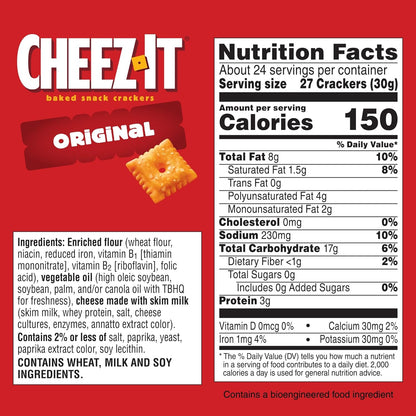 Cheez-It Cheese Crackers, Baked Snack Crackers, Lunch Snacks, Party Size, Original, 25oz Box (1 Box)