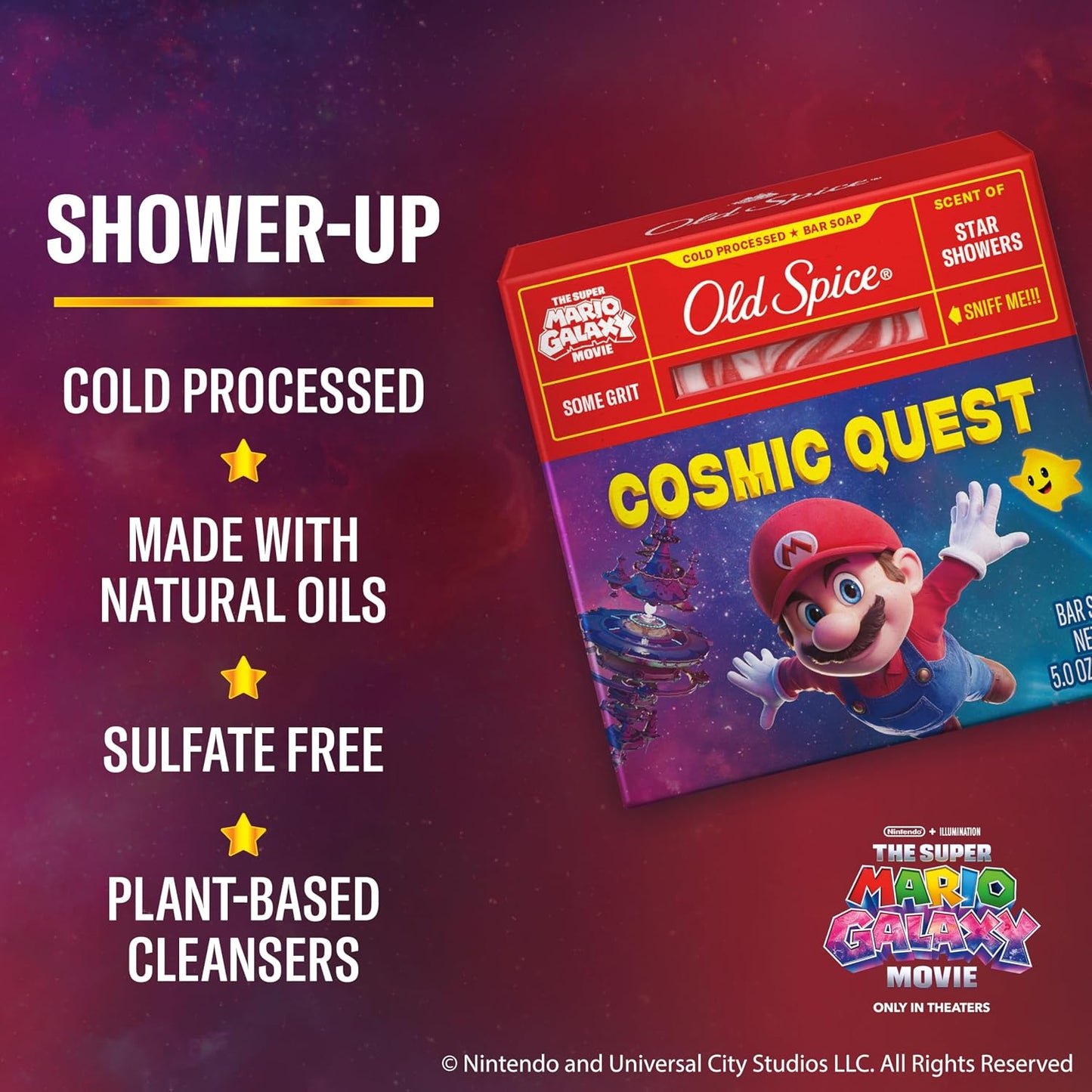 Old Spice Bar Soap for Men, x The Super Mario Galaxy Movie, Cold Pressed with Grit, Made with Natural Oils & Plant Based Cleanser, Star Showers with Juicy Pear & Cedarwood Scent, 5.0 oz