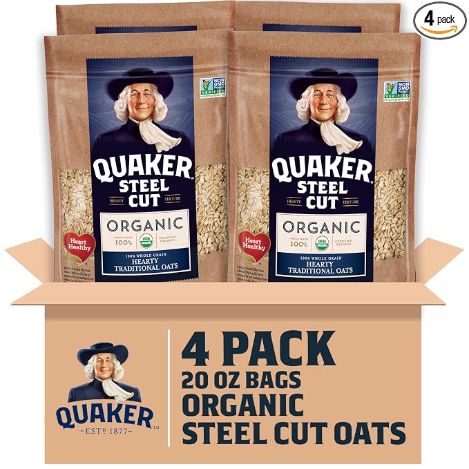 Quaker Steel Cut Oats, USDA Organic, Non GMO Project Verified, 20oz Resealable Bags (Pack of 4)