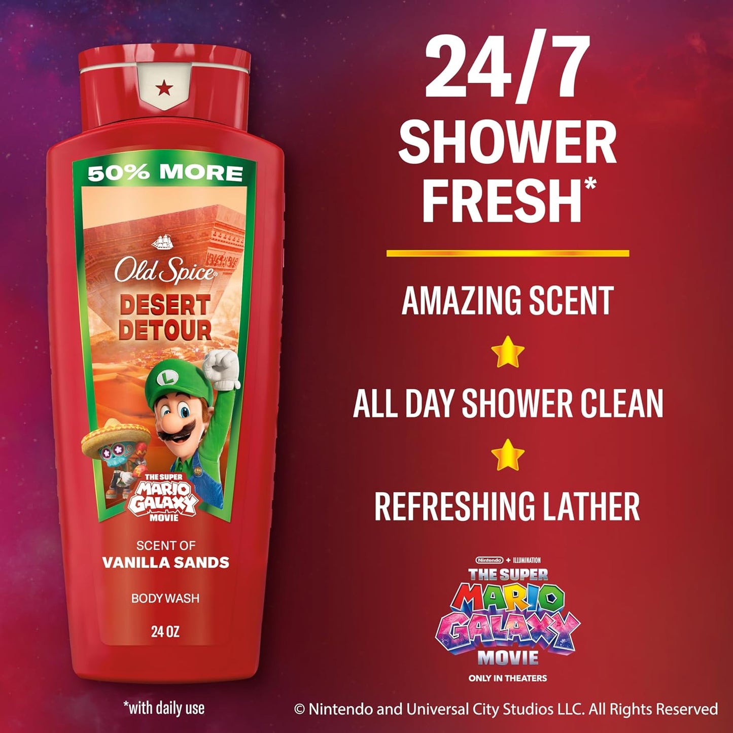 Old Spice X Super Mario, Desert Detour with Vanilla Sands Scent, Aluminum Free Deodorant + Body & Face Wash Bundle for Men, Smell Super with 24/7 Lasting Freshness & 24/7 Shower Clean (Pack of 2)