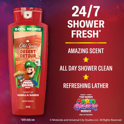 Old Spice X Super Mario, Desert Detour with Vanilla Sands Scent, Aluminum Free Deodorant + Body & Face Wash Bundle for Men, Smell Super with 24/7 Lasting Freshness & 24/7 Shower Clean (Pack of 2)