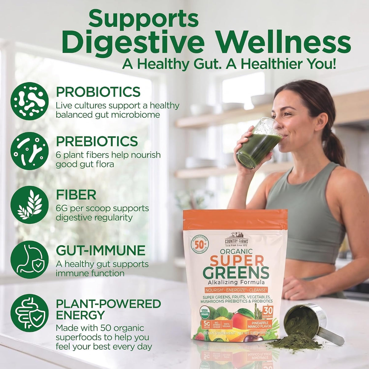 Country Farms Super Greens Pineapple-Mango Flavor, 50 Organic Super Foods, USDA Organic Drink Mix (Wheat Grass, Spirulina, Chlorella) Mushrooms & Probiotics, with Fiber, Natural Energy, 30 Servings