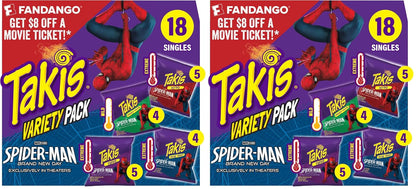 Takis 18 pc / 1 oz Variety Pack, Assorted Flavored Mixed Rolled Tortilla Chips – (5) Fuego, (5) Blue Heat, (4) Nitro, (4) Crunchy Fajitas (Pack of 2)
